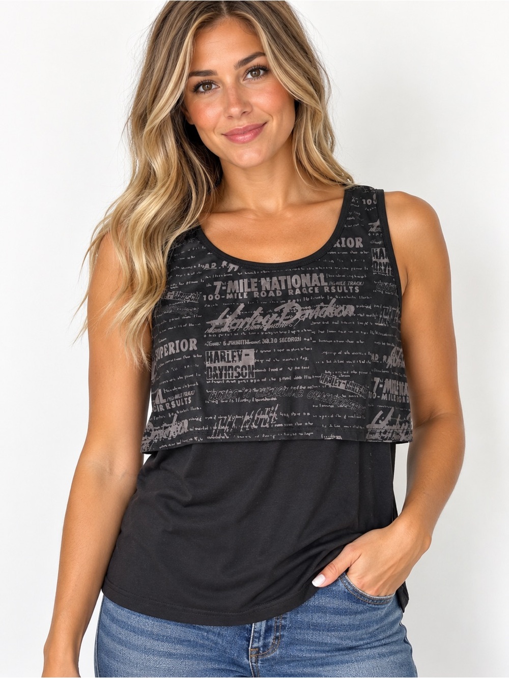 Harley-Davidson Women’s Large Black Layered Graphic Tank Top Made in USA Biker